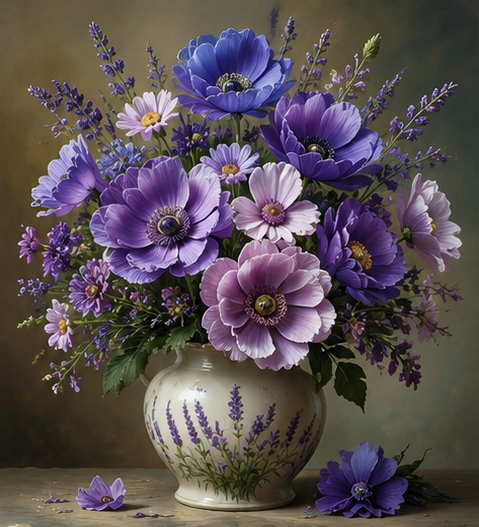 Purple & Blue Flowers in White Vase | Printable Floral Wall Art Download