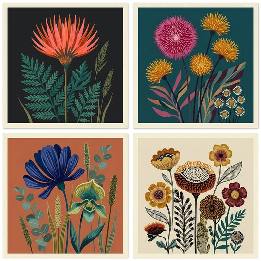 Square Floral Printable Wall Art Set of 4 | Botanical PDF Download