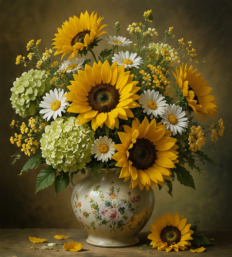 Yellow & White Flowers in White Vase